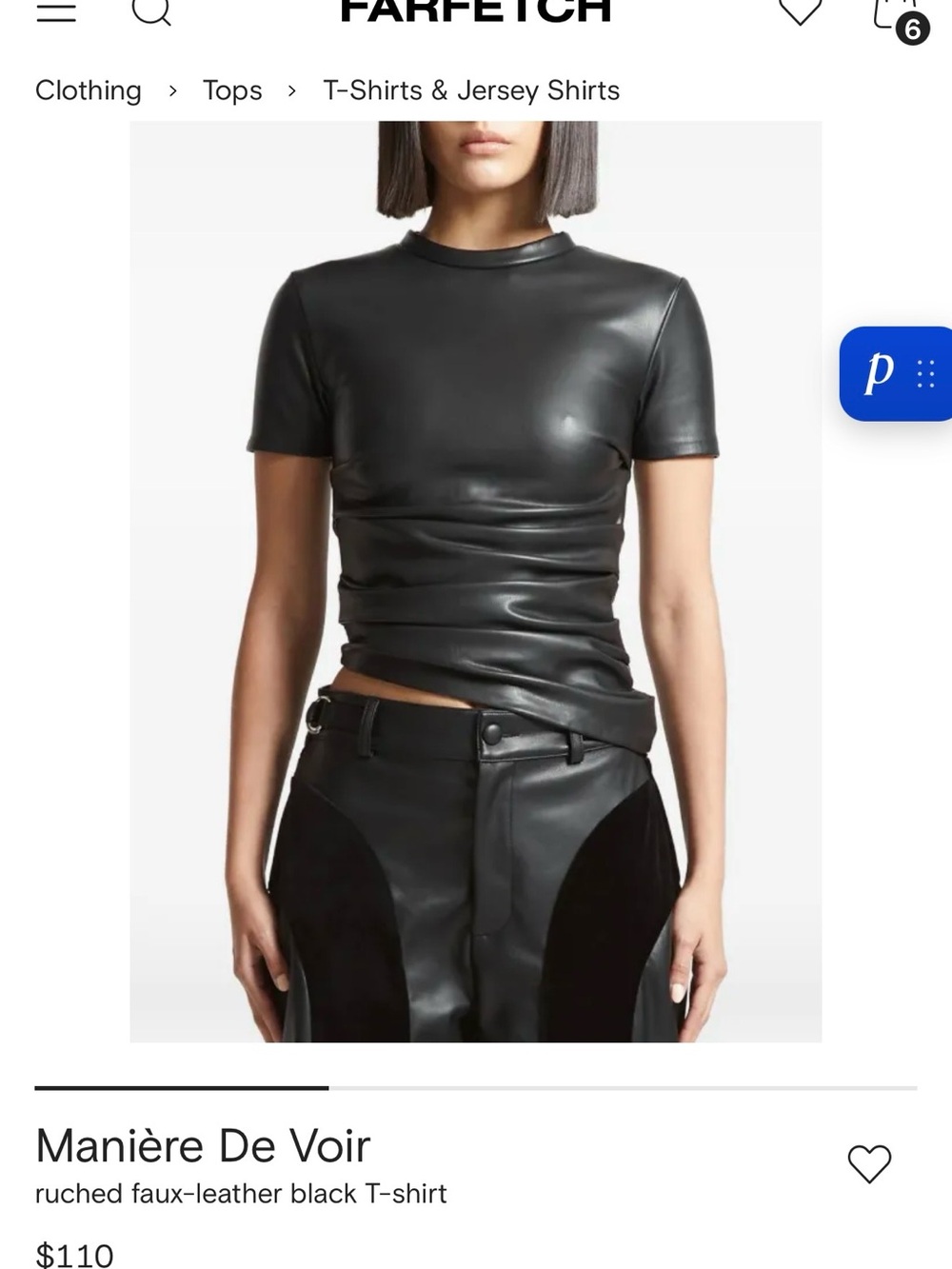 Manière De Voir Black Faux-Leather Ruched Short Sleeve Tee